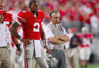 COLUMBUS, OH - SEPTEMBER 12:  Terrelle Pryor #2 and head coach Jim Tressel of the Ohio State Buckeyes look on from the sidelines during their game against the USC Trojans at Ohio Stadium on September 12, 2009 in Columbus, Ohio. (Photo by Gregory Shamus/Getty Images)