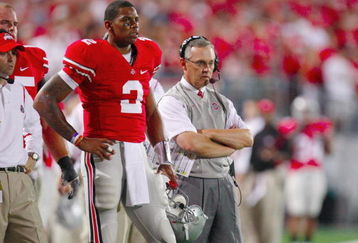 COLUMBUS, OH - SEPTEMBER 12:  Terrelle Pryor #2 and head coach Jim Tressel of the Ohio State Buckeyes look on from the sidelines during their game against the USC Trojans at Ohio Stadium on September 12, 2009 in Columbus, Ohio. (Photo by Gregory Shamus/Getty Images)