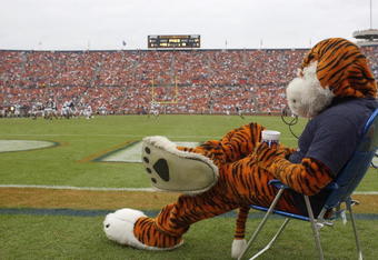 AUBURN, AL - OCTOBER 23:  Aubie, the mascot of the Auburn University Tigers, rests during the game against the University of Kentucky Wildcats on October 23, 2004 at Jordan-Hare stadium in Auburn, Alabama.  Auburn defeated Kentucky 41-10.  (Photo by Chris Graythen/Getty Images)