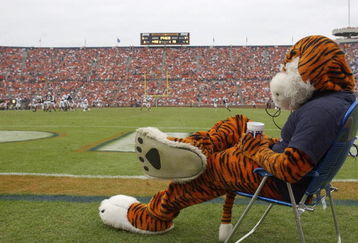 AUBURN, AL - OCTOBER 23:  Aubie, the mascot of the Auburn University Tigers, rests during the game against the University of Kentucky Wildcats on October 23, 2004 at Jordan-Hare stadium in Auburn, Alabama.  Auburn defeated Kentucky 41-10.  (Photo by Chris Graythen/Getty Images)