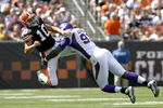 CLEVELAND - SEPTEMBER 13:  Ray Edwards #91 of the Minnesota Vikings hits Brady Quinn #10 of the Cleveland Browns at Cleveland Browns Stadium on September 13, 2009 in Cleveland, Ohio.  (Photo by Matt Sullivan/Getty Images)