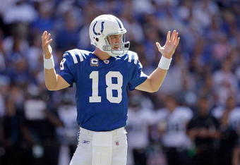 INDIANAPOLIS - SEPTEMBER 13:  Peyton Manning #18 of the Indianapolis Colts waits for a play form the bench during the game against the Jacksonville Jaguars at Lucas Oil Stadium on September 13, 2009 in Indianapolis, Indiana.  (Photo by Andy Lyons/Getty Images)