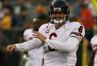 GREEN BAY, WI - SEPTEMBER 13: Jay Cutler #6 of the Chicago Bears smiles during warm-ups before a game against the Green Bay Packers on September 13, 2009 at Lambeau Field in Green Bay, Wisconsin. (Photo by Jonathan Daniel/Getty Images)