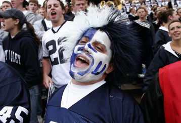 STATE COLLEGE, PA - SEPTEMBER 12: A member of the student's section sings a song during the second half of their game against the Syracuse Orangemen at Beaver Stadium  September 12, 2009 in State College, Pennsylvania. Penn State won 28-7. (Photo by Chris Gardner/Getty Images)