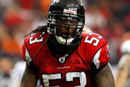 ATLANTA - SEPTEMBER 13:  Mike Peterson #53 of the Atlanta Falcons reacts after a defensive stop against the Miami Dolphins at Georgia Dome on September 13, 2009 in Atlanta, Georgia.  (Photo by Kevin C. Cox/Getty Images)