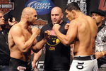 PORTLAND, OR - AUGUST 28: UFC heavyweight fighter Randy Couture squares off with UFC heavyweight fighter Antonio Rodrigo Nogueira at the UFC 102: Couture vs. Nogueira Weigh-In at the Rose Garden Arena on August 28, 2009 in Portland, Oregon. (Photo by Jon Kopaloff/Getty Images)