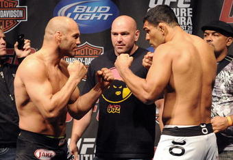 PORTLAND, OR - AUGUST 28: UFC heavyweight fighter Randy Couture squares off with UFC heavyweight fighter Antonio Rodrigo Nogueira at the UFC 102: Couture vs. Nogueira Weigh-In at the Rose Garden Arena on August 28, 2009 in Portland, Oregon. (Photo by Jon Kopaloff/Getty Images)