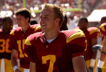 LOS ANGELES, CA - SEPTEMBER 05:  Quarterback Matt Barkley #7 of the USC Trojans smiles on the sidelines during the game against the San Jose State Spartans on September 5, 2009 at the Los Angeles Coliseum in Los Angeles, California.  The Trojans won 56-3.  (Photo by Stephen Dunn/Getty Images)