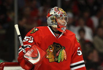 CHICAGO - MAY 24:  Corey Crawford #50 of the Chicago Blackhawks looks on against the Detroit Red Wings during Game Four of the Western Conference Championship Round of the 2009 Stanley Cup Playoffs on May 24, 2009 at the United Center in Chicago, Illinois. The Red Wings won 6-1. (Photo by Jonathan Daniel/Getty Images)
