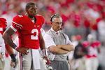 COLUMBUS, OH - SEPTEMBER 12:  Terrelle Pryor #2 and head coach Jim Tressel of the Ohio State Buckeyes look on from the sidelines during their game against the USC Trojans at Ohio Stadium on September 12, 2009 in Columbus, Ohio. (Photo by Gregory Shamus/Getty Images)