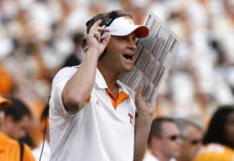 KNOXVILLE, TN - SEPTEMBER 12: Lane Kiffin, head coach of the Tennessee Volunteers yells from the sideline agianst the UCLA Bruins on September 12, 2009 at Neyland Stadium in Knoxville, Tennessee. The Bruins beat the Volunteers 19-15. (Photo by Joe Murphy/Getty Images)