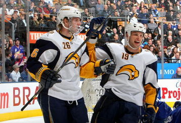 TORONTO - APRIL 8:  Thomas Vanek #26 and Tim Connolly #19 of the Buffalo Sabres celebrate Vanek's  third-period goal against the Toronto Maple Leafs in NHL action at the Air Canada Centre April 8, 2009 in Toronto, Ontario.(Photo By Dave Sandford/Getty Images)