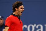NEW YORK - SEPTEMBER 13:  Roger Federer of Switzerland celebrates a point against Novak Djokovic of Serbia during the Men�s Singles Semifinal match on day fourteen of the 2009 U.S. Open at the USTA Billie Jean King National Tennis Center on September 13, 2009 in the Flushing neighborhood of the Queens borough of New York City.  Federer defeated Djokovic 7-6 (7), 7-5. 7-5.  (Photo by Clive Brunskill/Getty Images)