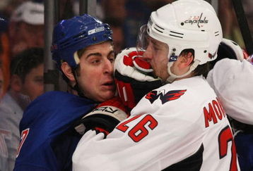 NEW YORK - APRIL 26: Brandon Dubinsky #17 of the New York Rangers goes up against Shaone Morrisonn #26 of the Washington Capitals during Game Six of the Eastern Conference Quarterfinal Round of the 2009 NHL Stanley Cup Playoffs at Madison Square Garden on April 26, 2009 in New York, New York. The Capitals defeated the Rangers 5-3. (Photo by Bruce Bennett/Getty Images)