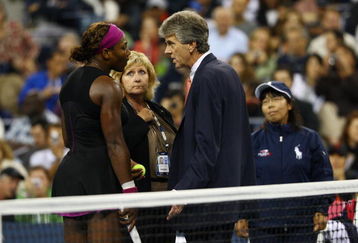 NEW YORK - SEPTEMBER 12:  Serena Williams (L) argues with Brian Early (R) and Donna Kelso (C) after disqualified for a default during the Women's Singles Semifinal match against to Kim Clijsters of Belgium on day thirteen of the 2009 U.S. Open at the USTA Billie Jean King National Tennis Center on September 12, 2009 in the Flushing neighborhood of the Queens borough of New York City.  (Photo by Julian Finney/Getty Images)