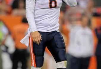 DENVER - AUGUST 30:  Quarterback Jay Cutler #6 of the Chicago Bears heads for the sidelines as he runs the offense against the Denver Broncos during preseason NFL action at INVESCO Field at Mile High on August 30, 2009 in Denver, Colorado. The Bears defeated the Broncos 27-17.  (Photo by Doug Pensinger/Getty Images)