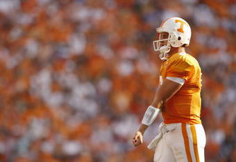 KNOXVILLE, TN - SEPTEMBER 20: Quarterback Jonathan Crompton #8 of the Tennessee Volunteers looks on against the Florida Gators at Neyland Stadium on September 20, 2008 in Knoxville, Tennessee.  (Photo by Streeter Lecka/Getty Images)