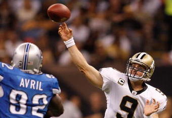 NEW ORLEANS - SEPTEMBER 13:  Quarterback Drew Brees #9 of the New Orleans Saints throws a pass against the Detroit Lions at the Louisiana Superdome on September 13, 2009 in New Orleans, Louisiana.  (Photo by Chris Graythen/Getty Images)