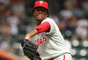 NEW YORK - AUGUST 23:  Pedro Martinez #45 of the Philadelphia Phillies pitches against The New York Mets during their game on August 23, 2009 at Citi Field in the Flushing neighborhood of the Queens borough of New York City.  (Photo by Al Bello/Getty Images)