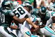 CHARLOTTE, NC - SEPTEMBER 13:  Quarterback Jake Delhomme #17 of the Carolina Panthers is sacked by Linebacker Jordan Akeem #56, of the Philadelphia Eagles in the first half of the NFL season opener at Bank of America Stadium on September 13, 2009 in Charlotte, North Carolina.  (Photo by Streeter Lecka/Getty Images)