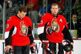 OTTAWA - SEPTEMBER 20:  Jason Spezza #19 and Dany Heatley #15 of the Ottawa Senators look on prior to a game against the New York Rangers on September 20, 2008 at the Scotiabank Place in Ottawa, Canada.  The Ottawa Senators defeated the New York Rangers 3-2.  (Photo by Phillip MacCallum/Getty Images)