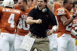 AUSTIN, TX - SEPTEMBER 5:  Defensive coordinator Will Muschamp of the Texas Longhorns gets pumped up after a turnover by the Louisiana Monroe Warhawks in the first quarter on September 5, 2009 at Darrell K Royal-Texas Memorial Stadium in Austin, Texas.  (Photo by Brian Bahr/Getty Images)
