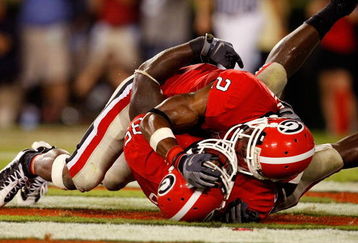 ATHENS, GA - SEPTEMBER 12:  Brandon Boykin #2 and Rennie Curran #35 of the Georgia Bulldogs celebrate a fourth down defensive stop against the South Carolina Gamecocks at Sanford Stadium on September 12, 2009 in Athens, Georgia.  (Photo by Kevin C. Cox/Getty Images)