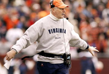 BLACKSBURG, VA - NOVEMBER 27:  Coach Al Groh of the Virginia Cavaliers questions a penalty call during a 24-10 loss to the Virginia Tech Hokies during a game on November 27, 2004, at Lane Stadium in Blacksburg, Virginia. (Photo By Grant Halverson/Getty Images)