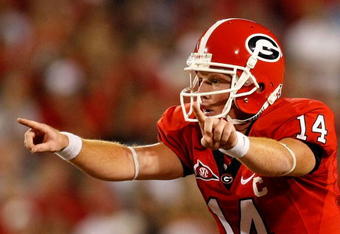 ATHENS, GA - SEPTEMBER 12:  Quarterback Joe Cox #14 of the Georgia Bulldogs directs the offense against the South Carolina Gamecocks at Sanford Stadium on September 12, 2009 in Athens, Georgia.  (Photo by Kevin C. Cox/Getty Images)
