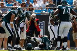 CHARLOTTE, NC - SEPTEMBER 13:  Quarterback Donovan McNabb #5 of the Philadelphia Eagles lays on the ground after injuring his knee in the second half of their NFL season opener against the Carolina Panthers at Bank of America Stadium on September 13, 2009 in Charlotte, North Carolina. McNabb did not return to the game. (Photo by Streeter Lecka/Getty Images)