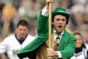 SOUTH BEND, IN - OCTOBER 13: The Leprechaun and cheerleaders of the Notre Dame Fighting Irish enter the field before the game against the Boston College Eagles on October 13, 2007 at Notre Dame Stadium in South Bend, Indiana. (Photo by Jonathan Daniel/Getty Images)