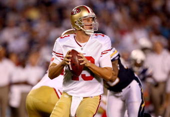 SAN DIEGO - SEPTEMBER 04:  Quarterback Shaun Hill #13 of the San Francisco 49ers throws a pass against the San Diego Chargers on September 4, 2009 at Qualcomm Stadium in San Diego, California.  The Chargers won 26-7. (Photo by Stephen Dunn/Getty Images)