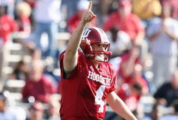 BLOOMINGTON, IN - NOVEMBER 01:  Quarterback Ben Chappell #4 of the Indiana Hooisers celebrates on the field during the game against the Central Michigan Chippewas at Memorial Stadium on November 1, 2008 in Bloomington, Indiana.  (Photo by Andy Lyons/Getty Images)