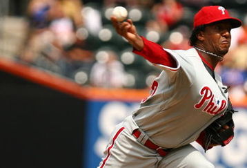 NEW YORK - AUGUST 23:  Pedro Martinez #45 of the Philadelphia Phillies pitches against The New York Mets during their game on August 23, 2009 at Citi Field in the Flushing neighborhood of the Queens borough of New York City.  (Photo by Al Bello/Getty Images)