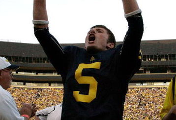 ANN ARBOR, MI - SEPTEMBER 12:  Quarterback Tate Forcier #5 celebrates with seconds left in the game against Notre Dame at Michigan Stadium on September 12, 2009 in Ann Arbor, Michigan.  (Photo by Domenic Centofanti/Getty Images)