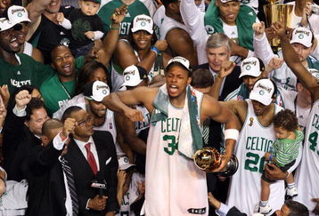 BOSTON - JUNE 17:  Paul Pierce #34 of the Boston Celtics celebrates with the NBA Finals MVP trophy after defeating the Los Angeles Lakers in Game Six of the 2008 NBA Finals on June 17, 2008 at TD Banknorth Garden in Boston, Massachusetts. NOTE TO USER: User expressly acknowledges and agrees that, by downloading and/or using this Photograph, user is consenting to the terms and conditions of the Getty Images License Agreement.  (Photo by Kevin C. Cox/Getty Images)