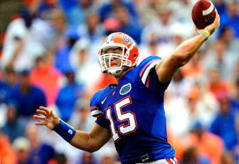 GAINESVILLE, FL - SEPTEMBER 12:  Tim Tebow #15 of the Florida Gators attempts a pass during the game against the Troy Trojans at Ben Hill Griffin Stadium on September 12, 2009 in Gainesville, Florida.  (Photo by Sam Greenwood/Getty Images)
