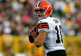 GREEN BAY, WI - AUGUST 15:  Quarterback Brady Quinn #10 of the Cleveland Browns looks to pass the ball against the Green Bay Packers during the preseason game at Lambeau Field on August 15, 2009 in Green Bay, Wisconsin.  (Photo by Jonathan Daniel/Getty Images)
