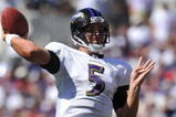BALTIMORE - SEPTEMBER 13:  Joe Flacco #5 of the Baltimore Ravens passes against the Kansas City Chiefs at M&T Bank Stadium on September 13, 2009 in Baltimore, Maryland. The Ravens defeated the Chiefs 38-24. (Photo by Larry French/Getty Images)