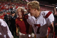 COLUMBUS, OH - SEPTEMBER 13:  Head coach Pete Carroll and Matt Barkley #7 of the Southern California Trojans leave the field after defeating the Ohio State Buckeyes 18-15 on September 13, 2009 at Ohio Stadium in Columbus, Ohio.  (Photo by Gregory Shamus/Getty Images)
