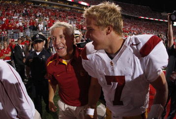 COLUMBUS, OH - SEPTEMBER 13:  Head coach Pete Carroll and Matt Barkley #7 of the Southern California Trojans leave the field after defeating the Ohio State Buckeyes 18-15 on September 13, 2009 at Ohio Stadium in Columbus, Ohio.  (Photo by Gregory Shamus/Getty Images)