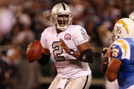 OAKLAND, CA - SEPTEMBER 14:  JaMarcus Russell #2 of the Oakland Raiders looks to pass against the San Diego Chargers on September 14, 2009 at the Oakland-Alameda County Coliseum in Oakland, California.  (Photo by Ezra Shaw/Getty Images)