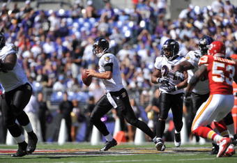 BALTIMORE - SEPTEMBER 13:  Joe Flacco #5 of the Baltimore Ravens looks to ass against the Kansas City Chiefs at M&T Bank Stadium on September 13, 2009 in Baltimore, Maryland. The Ravens defeated the Chiefs 38-24. (Photo by Larry French/Getty Images)