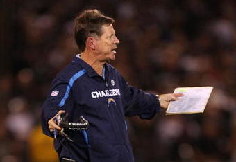 OAKLAND, CA - SEPTEMBER 14:  Head coach Norv Turner of the San Diego Chargers reacts against the Oakland Raiders on September 14, 2009 at the Oakland-Alameda County Coliseum in Oakland, California.  (Photo by Ezra Shaw/Getty Images)