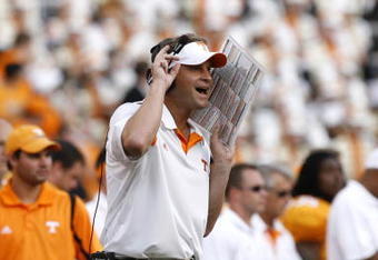 KNOXVILLE, TN - SEPTEMBER 12: Lane Kiffin, head coach of the Tennessee Volunteers yells from the sideline agianst the UCLA Bruins on September 12, 2009 at Neyland Stadium in Knoxville, Tennessee. The Bruins beat the Volunteers 19-15. (Photo by Joe Murphy/Getty Images)