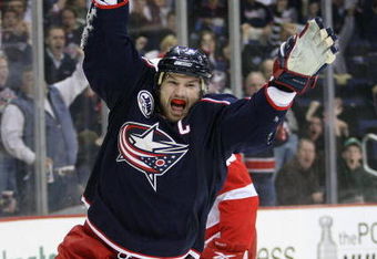 COLUMBUS, OH - APRIL 23:  Rick Nash #61 of the Columbus Blue Jackets celebrates scoring a goal against the Detroit Red Wings during Game Four of the Western Conference Quarterfinals of the 2009 Stanley Cup Playoffs on April 23, 2009 at the Nationwide Arena in Columbus, Ohio. The Red Wings defeated the Blue Jackets 6-5 to sweep the series in 4 games. (Photo by Claus Andersen/Getty Images)