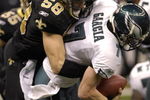 Philadelphia Eagles quarterback Jeff Garcia is sacked by  New Orleans Saints   linebacker Scott Shanle in an NFL second-round playoff game on January 13, 2007 in the Superdome in New Orleans, Louisiana.  (Photo by Al Messerschmidt/Getty Images)