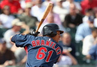 GOODYEAR , AZ - MARCH 06:  Michael Brantley #61 of the Cleveland Indians bats against the Milwaukee Brewers during the spring training game at Goodyear Ballpark on March 6, 2009 in Goodyear, Arizona. The Brewers defeated the Indians 17-7.  (Photo by Christian Petersen/Getty Images)