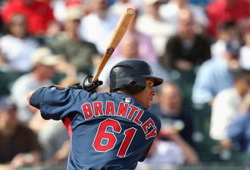 GOODYEAR , AZ - MARCH 06:  Michael Brantley #61 of the Cleveland Indians bats against the Milwaukee Brewers during the spring training game at Goodyear Ballpark on March 6, 2009 in Goodyear, Arizona. The Brewers defeated the Indians 17-7.  (Photo by Christian Petersen/Getty Images)