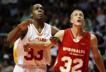CORAL GABLES, FL - APRIL 01:  Alex Oriakhi #33 of the East Team battles for position with Mason Plumlee #32 of the West Team in the 2009 McDonald's All American Men's High School Basketball Game at BankUnited Center on April 1, 2009 in Coral Gables, Florida.  (Photo by Doug Benc/Getty Images)